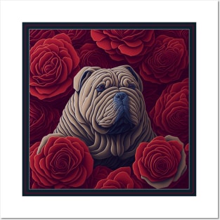 Dogs, sharpei dog and flowers, dog, style vector (Red version 2 sharpei) Posters and Art